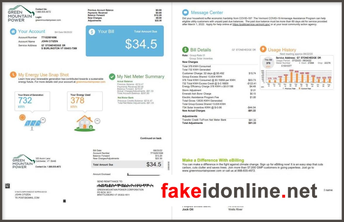 Vermont Utility Bill PSD Template - Vermont Proof of Address